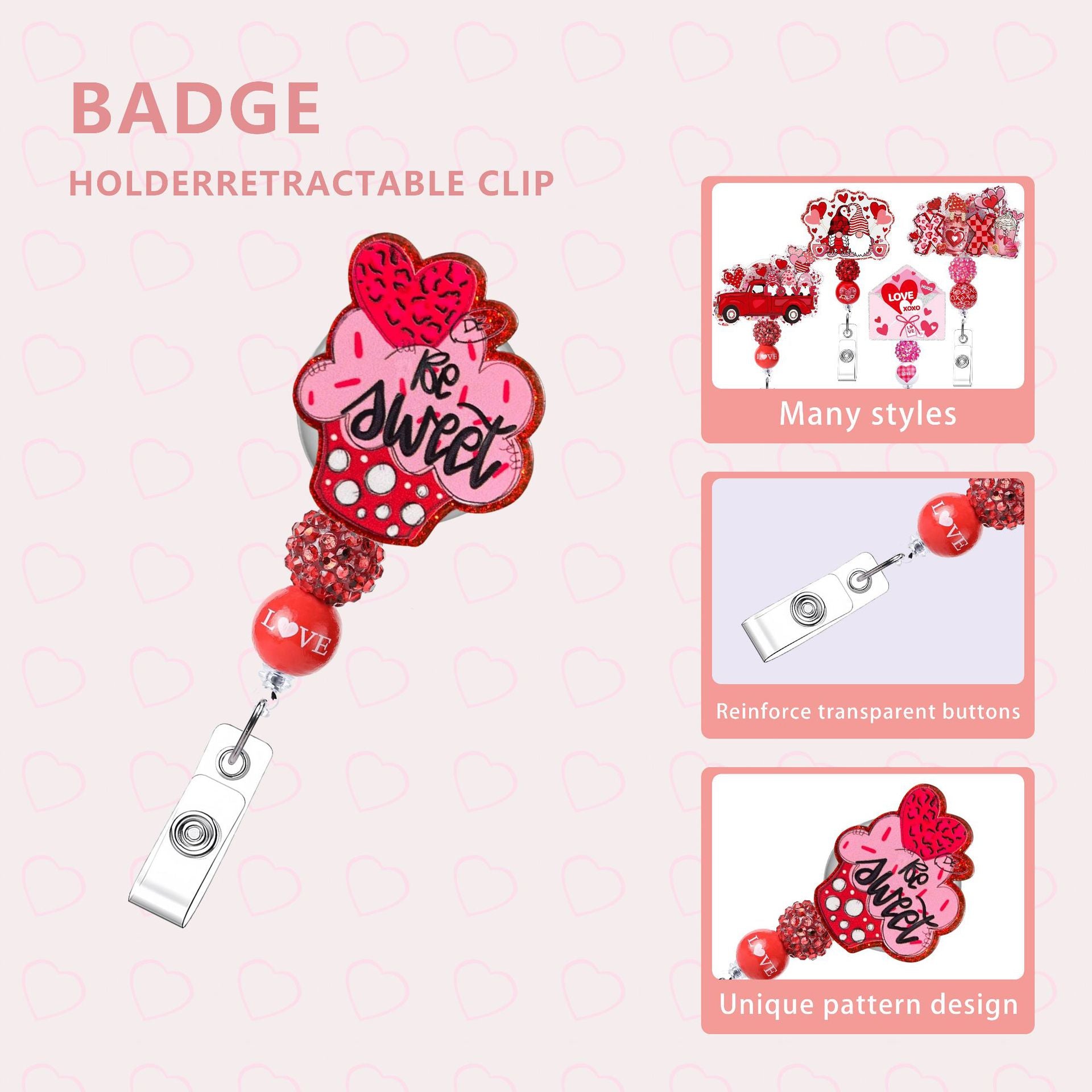 Wholesale  Pink Beaded Valentine' s Day Retractable Badge Reels,