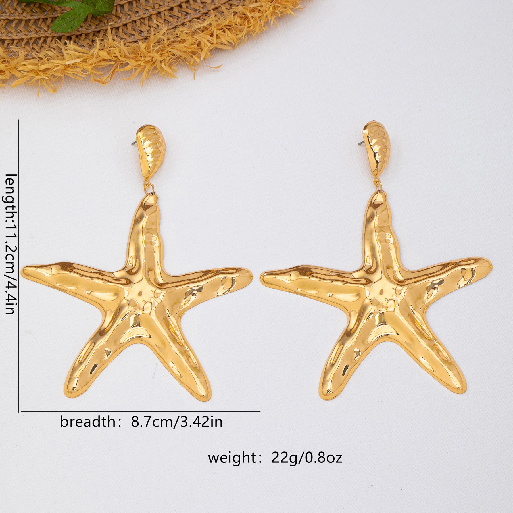 Wholesale Iron Alloy Vintage Gold Hammered Starfish Long Earrings Vacation Style Fashion Jewelry Accessory For Women