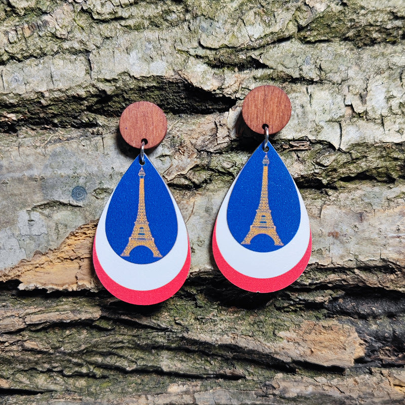 Wholesale sports meet love earrings French flag color landmark tower wooden earrings