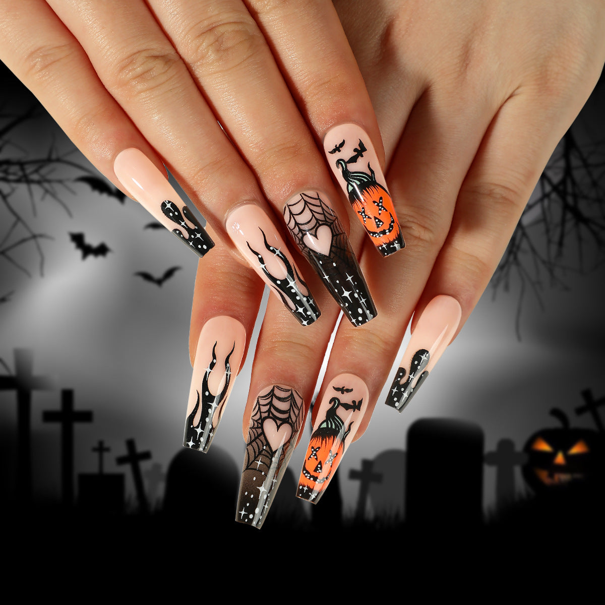 Wholesale 24 Pieces/box Halloween Pumpkin Bat Press-on Nails Kits Nail Stickers ACC-NS-LeFan120