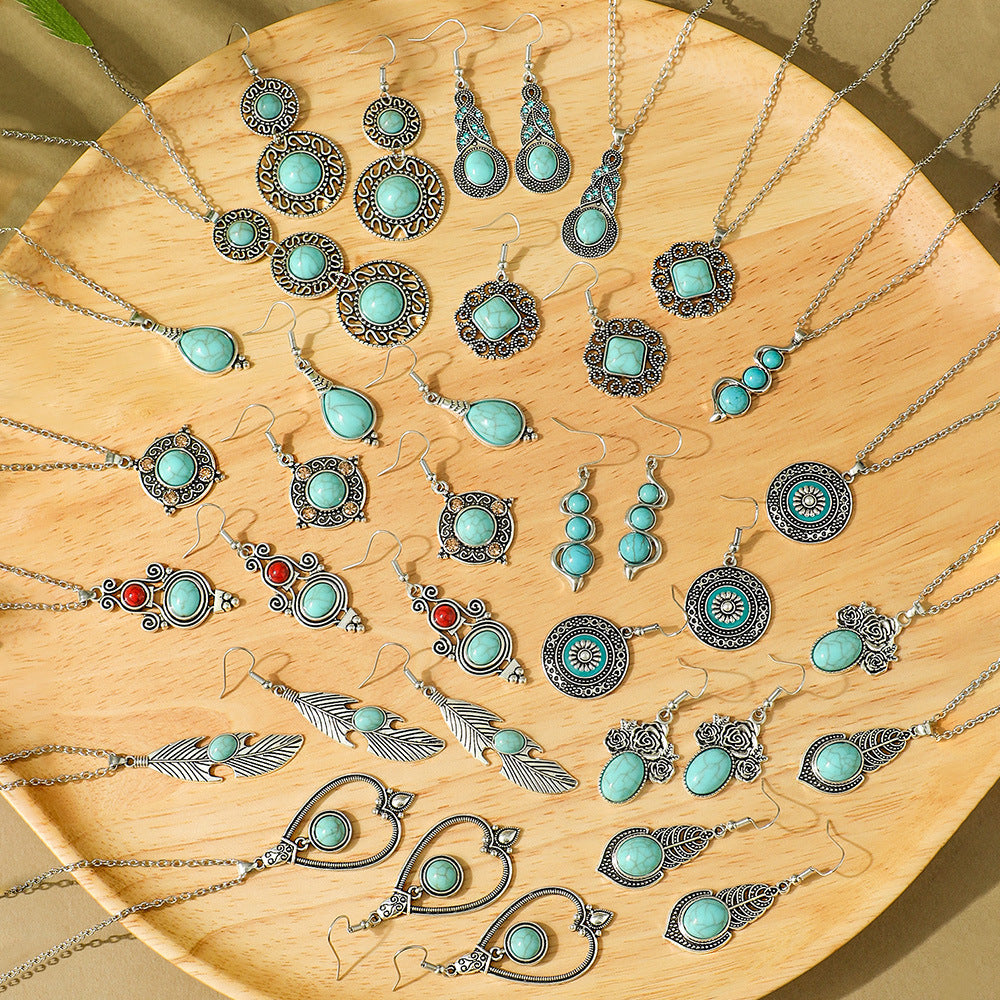 Wholesale Bohemian Vintage Earrings and Necklace Set Turquoise Drop Pendant Jewelry Accessory