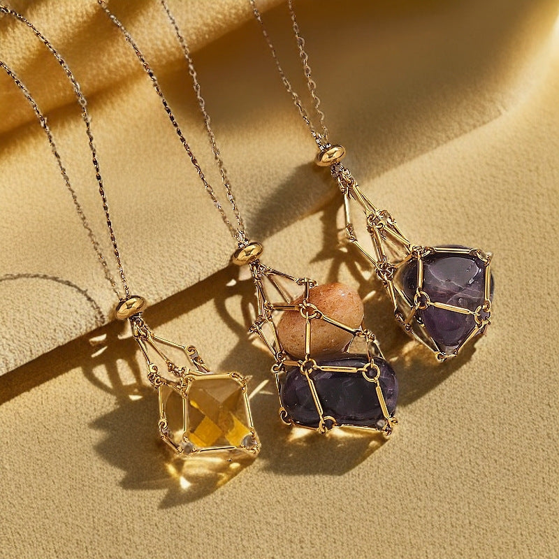 Wholesale Stainless Steel Jewelry Natural Crystal Mesh Pocket Bamboo Necklace