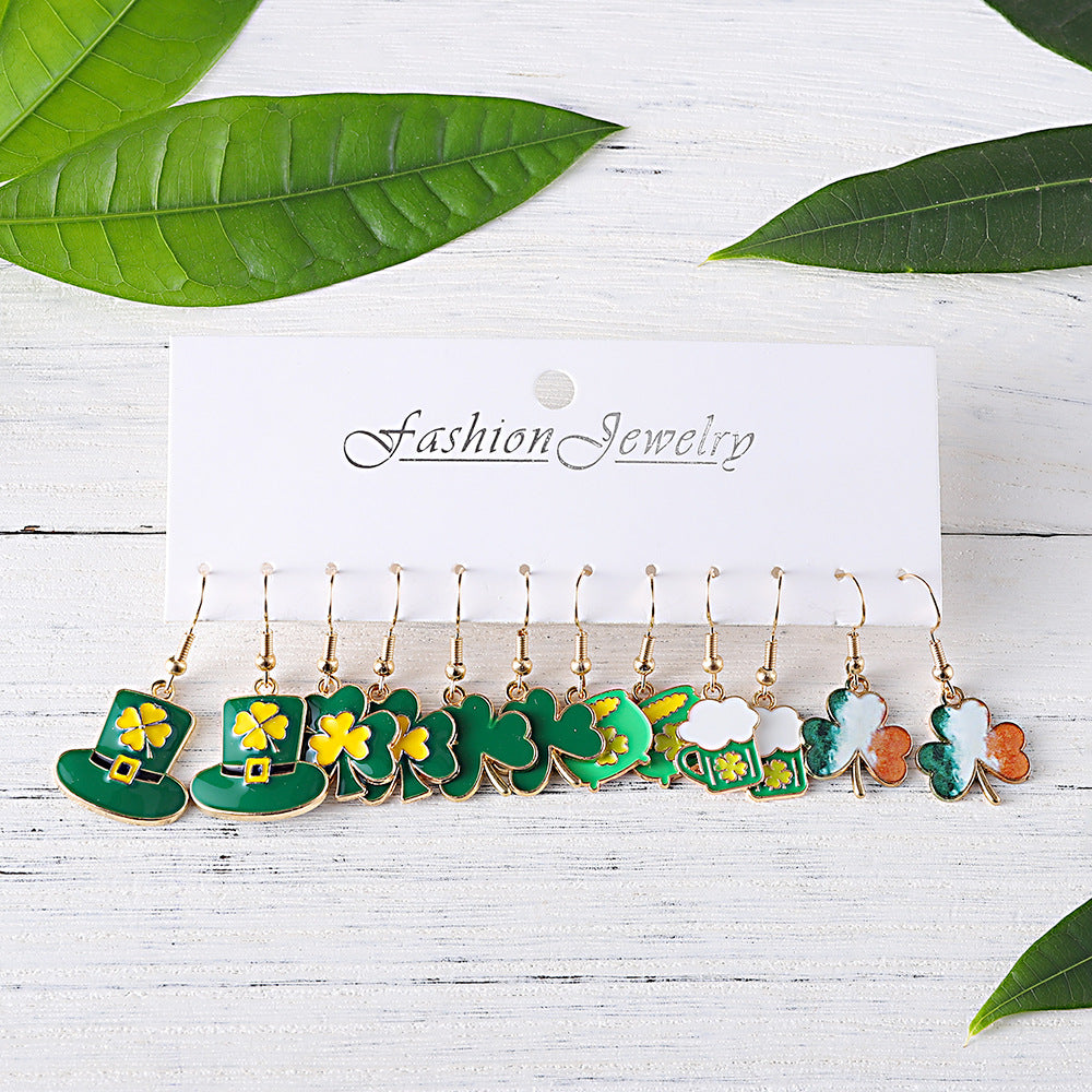 Wholesale St. Patrick's Day Green Clover Hat Green Beer  Earrings suit