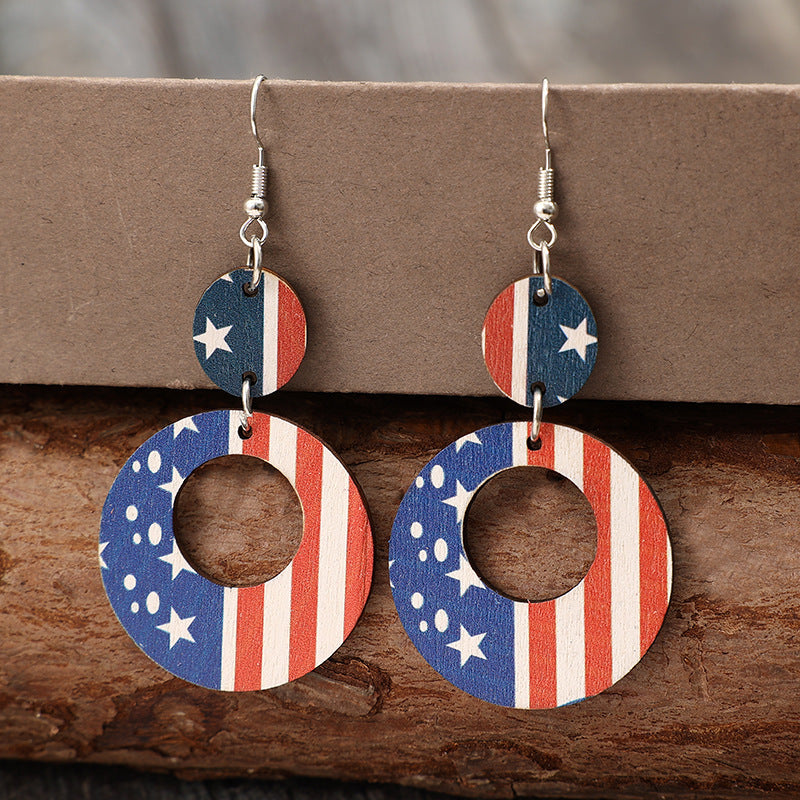 Wholesale American Independence Day Hollow Ring Stitching Printing American Flag Wooden Earrings