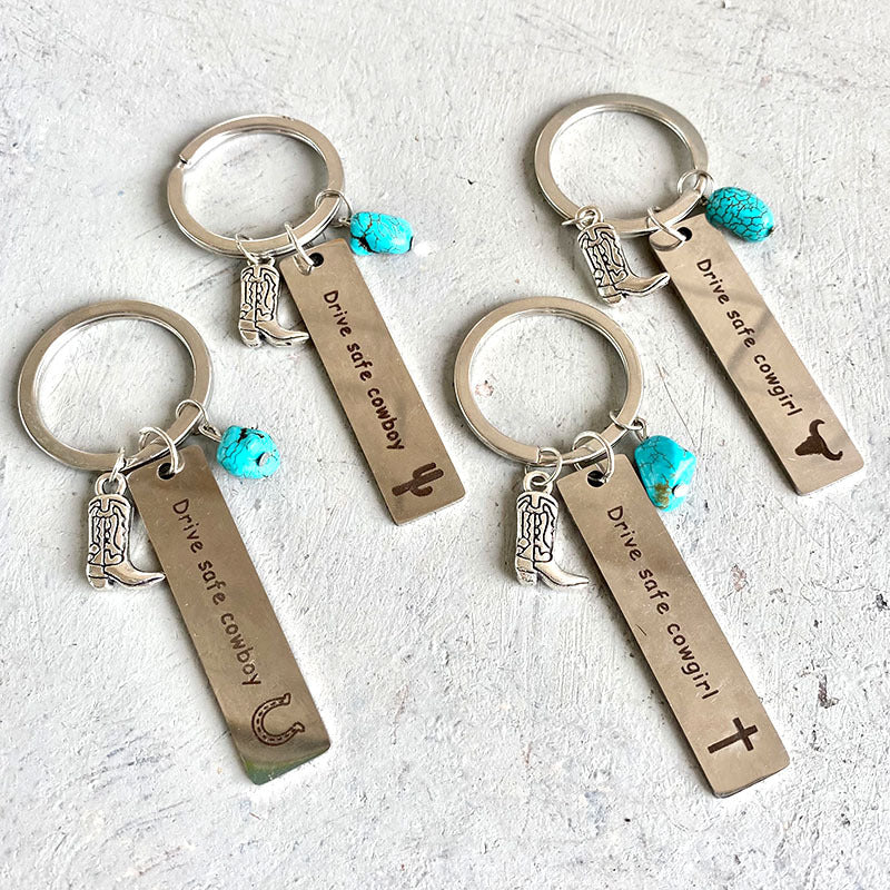 Wholesale Western Cowboy Boot Keychain With Turquoise Cross Cactus Horseshoe Metal Pendant Creative Textured Car Key Accessory