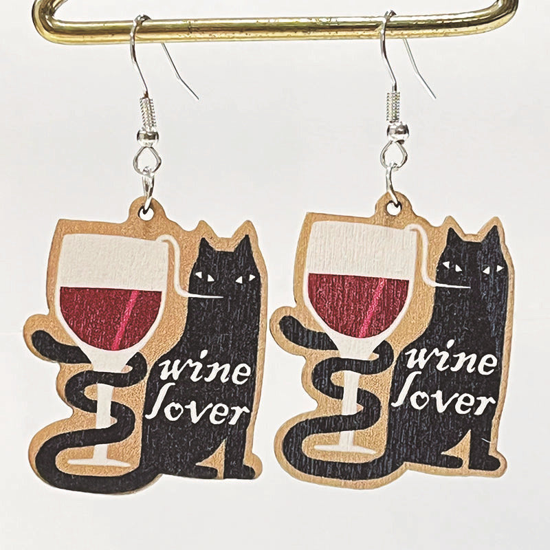 Wholesale Retro Wooden Cat Earrings For Wine Lovers Party Jewelry Accessory