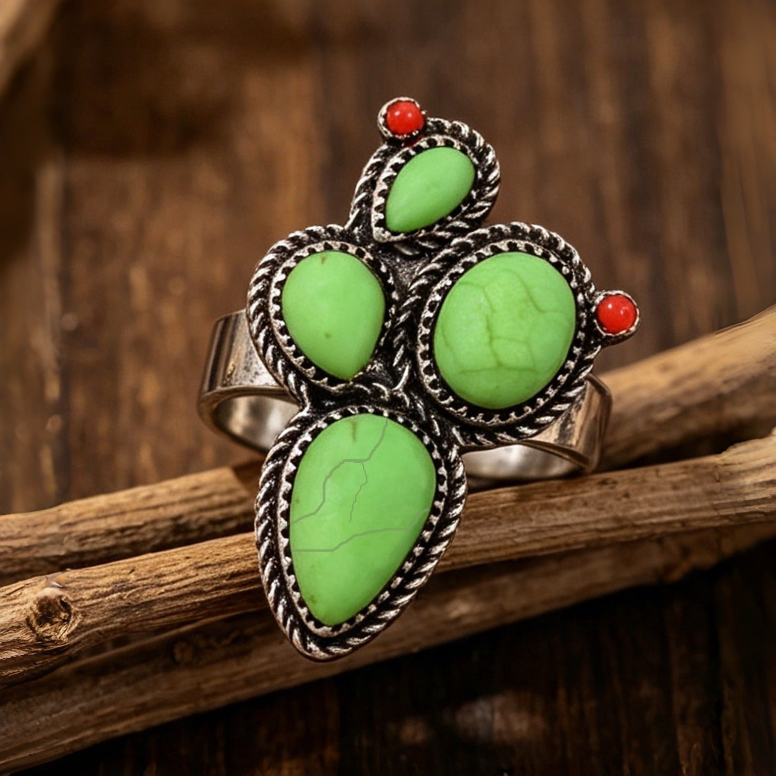 Wholesale Vintage Cactus Turquoise Bohemian Ring Silver Tone Alloy Open Band Women S Fashion Jewelry Accessory Gift