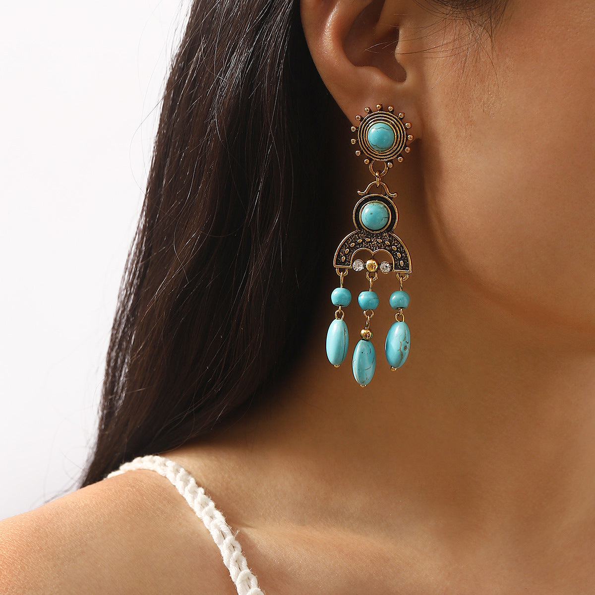 Wholesale  Ethnic Style Turquoise Tassel Earrings Personalized Retro Elegant Palace Style Earrings Earrings