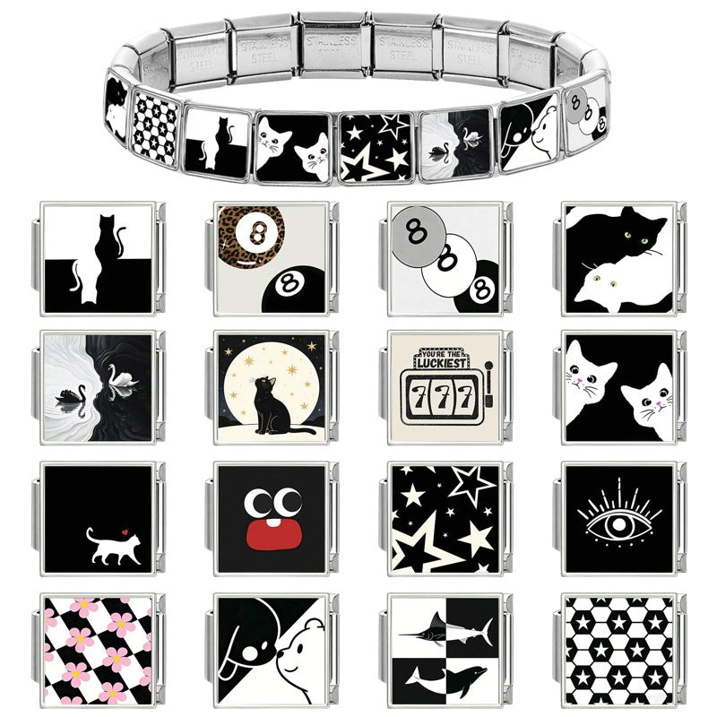 Wholesale Italian-Style Black and White Cat &  Star Patchwork Bracelet Stainless Steel DIY Jewelry Accessory