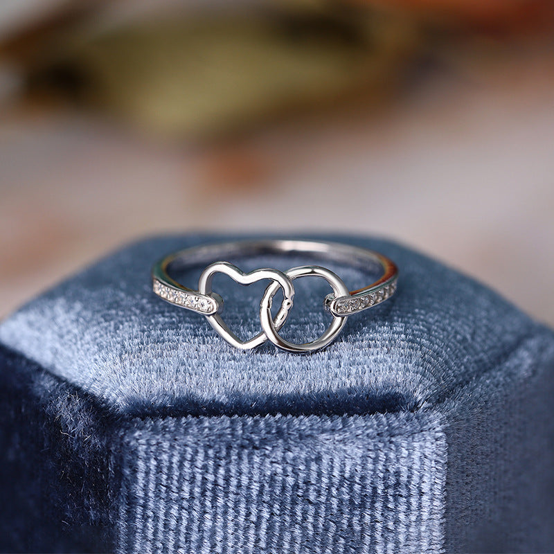 Wholesale s925 sterling silver Diamond-embedded double heart hollow ring