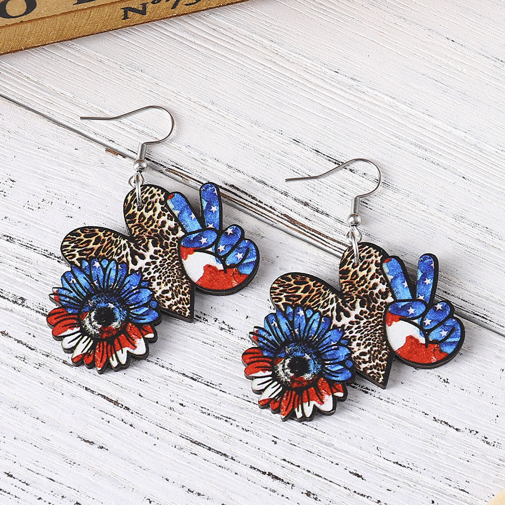 Wholesale American Independence Day Eagle Sunflower Love Leaf Wooden Double Sided Earrings ACC-ES-ChuLian011