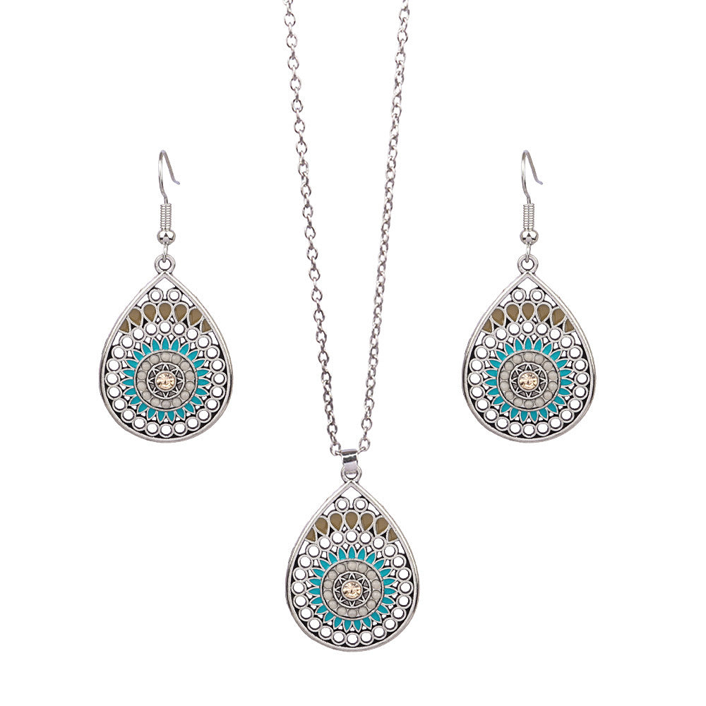 Wholesale Cross-border Amazon popular ethnic style earrings European and American turquoise retro National style earrings necklace suit jewelry