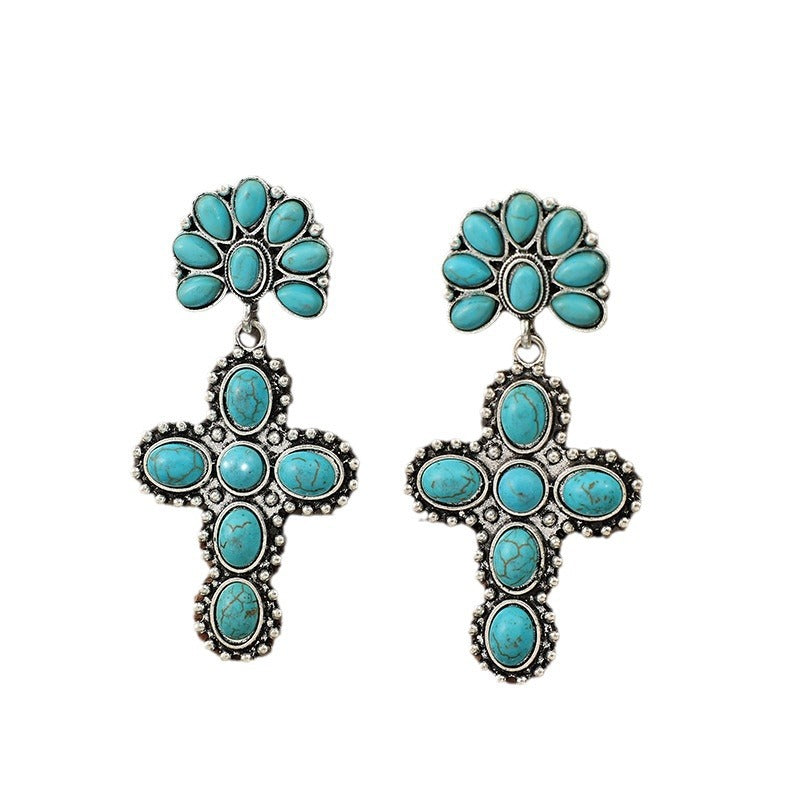 Wholesale Alloy Electroplated Retro Earrings,  Half Flower Turquoise Cross  Design,  Fashion Accessory for Boutique Resale