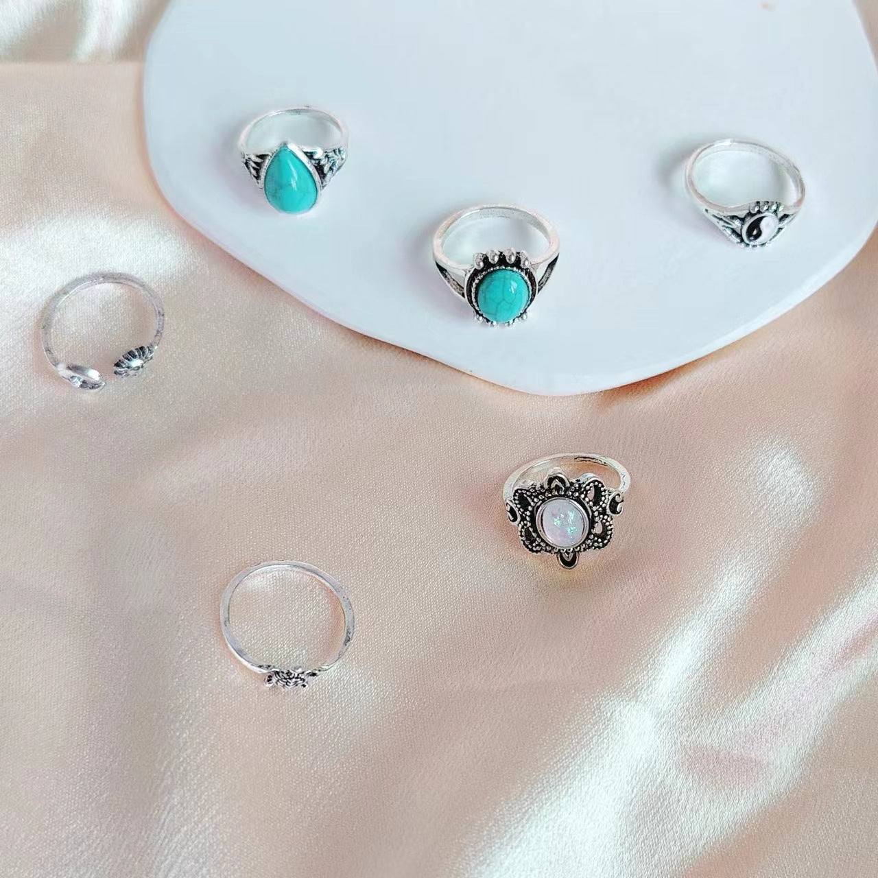 Wholesale Turquoise Ring Flower Combination Ring  Set