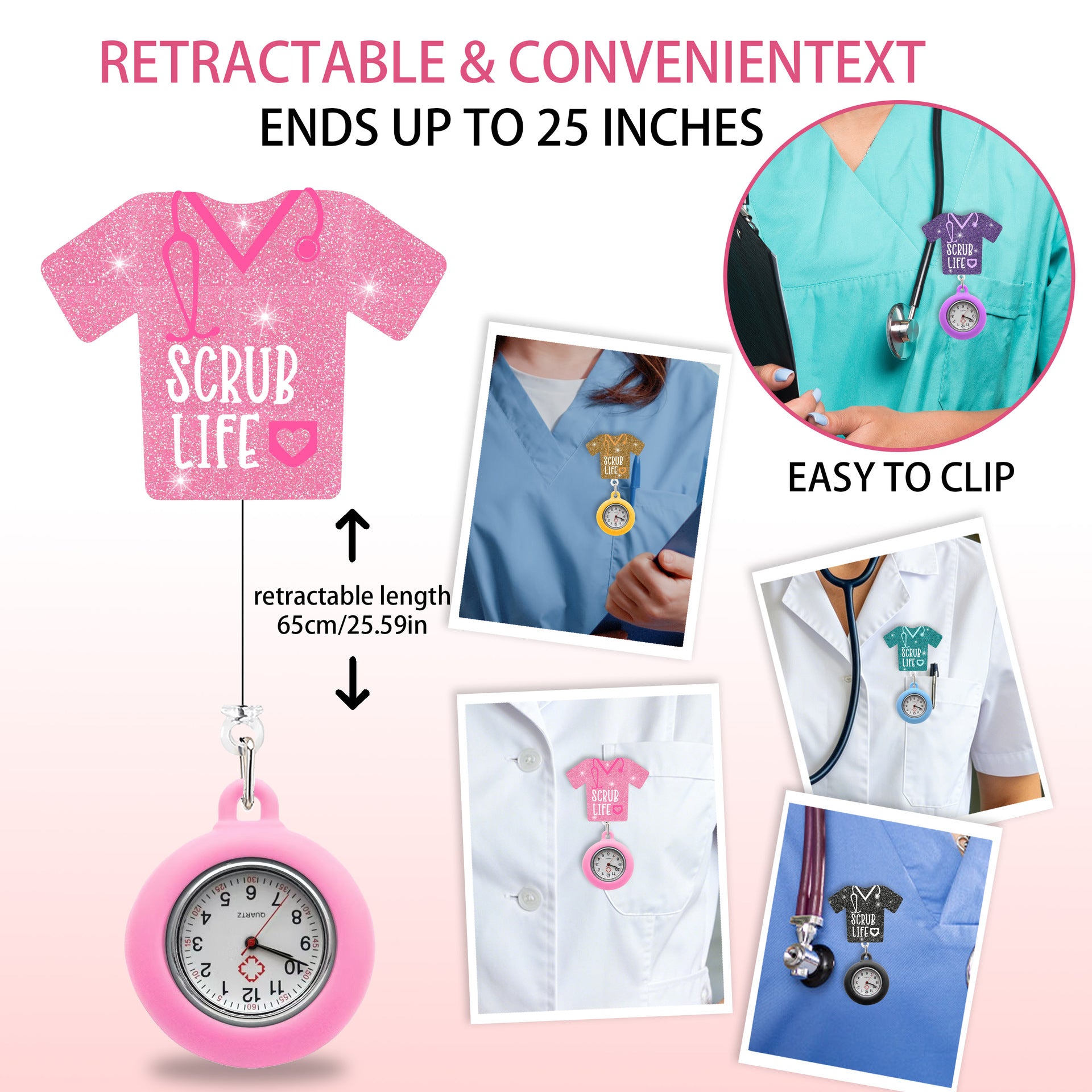 Wholesale Telescopic Nurse Officer Watch,  Soft Rubber Anti-loss and Anti-fall Easy-pull Buckle,  Telescopic Name Tag Customization
