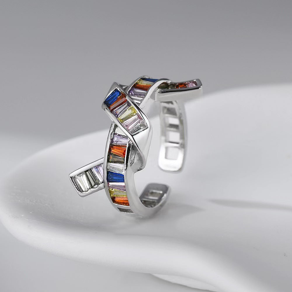 Wholesale Colored Gemstone Zircon Rectangular Silver Ring Light Luxury Rings ACC-RS-YXY035