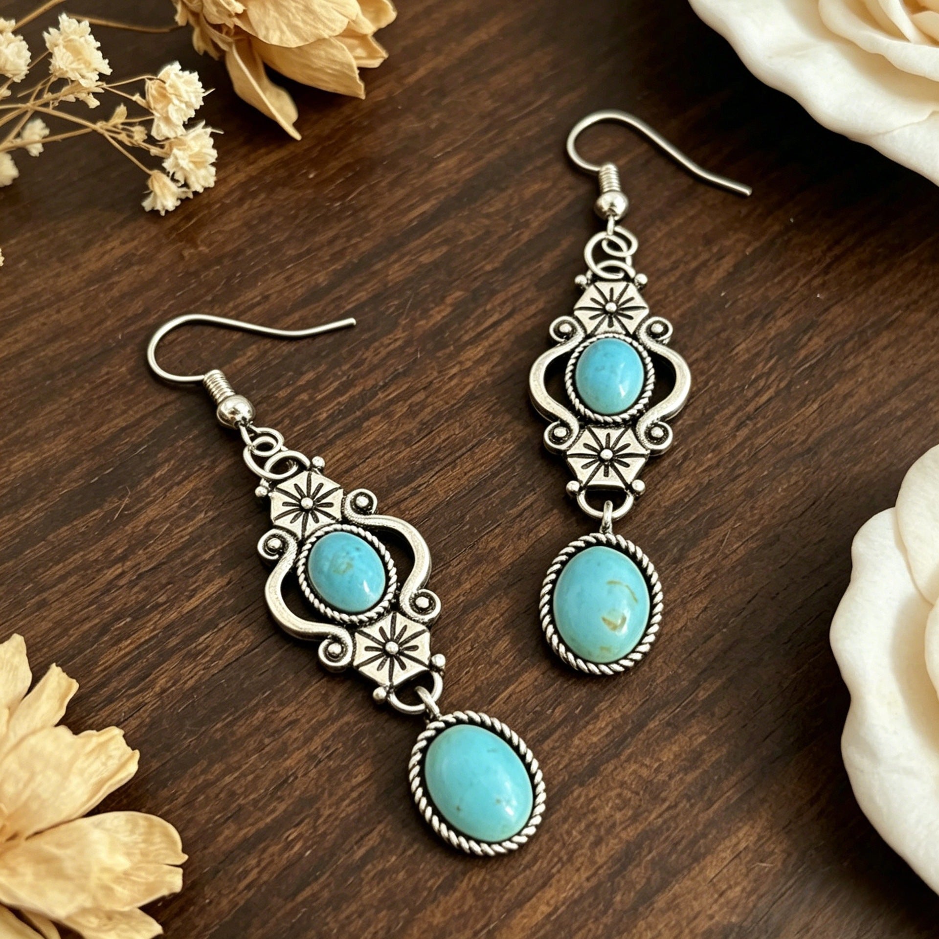 Wholesale Vintage Western Turquoise Inlay Hollow Silver Earrings,  Fashion Accessory for Gift and Boutique Resale