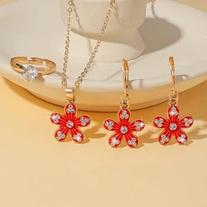 Wholesale Trendy Red Flower Rhinestone Necklace and Earrings Set,  Metal Electroplated Multi-Layer Chain,  Boutique Resale
