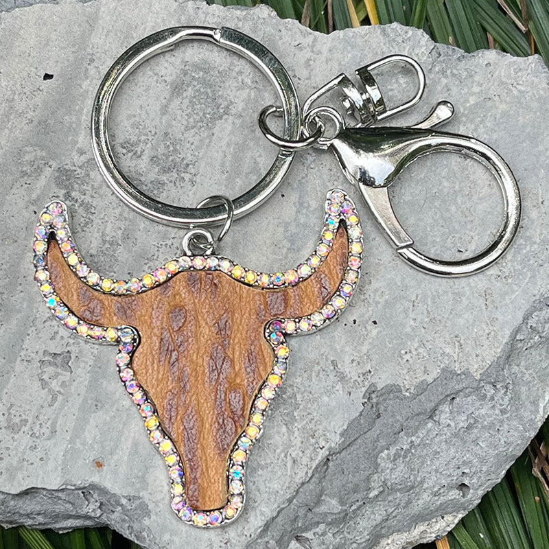 Wholesale 2pcs/pack Vintage Embossed Cowhide Shining Rhinestone Cowhead Western Style Genuine Leather Keychain ACC-KC-HY004
