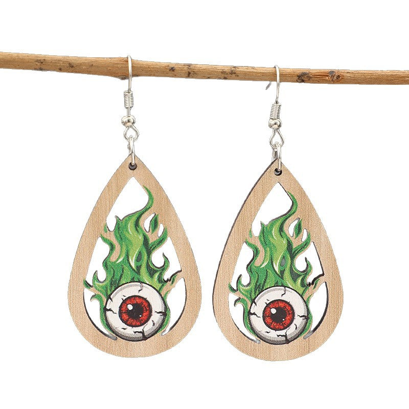 Wholesale  Teardrop Ghost Eye Wooden Earrings Green Flame Print Dangle Jewelry Chic Gift For Boutique Resale