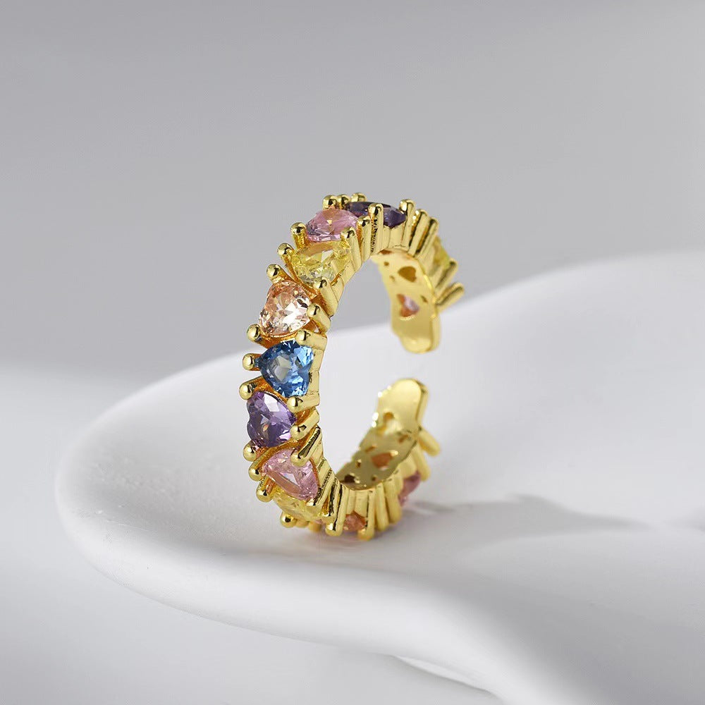 Wholesale Rainbow Hip-hop Style Ring Light Luxury Colorful Love Zircon Open Rings ACC-RS-YXY045