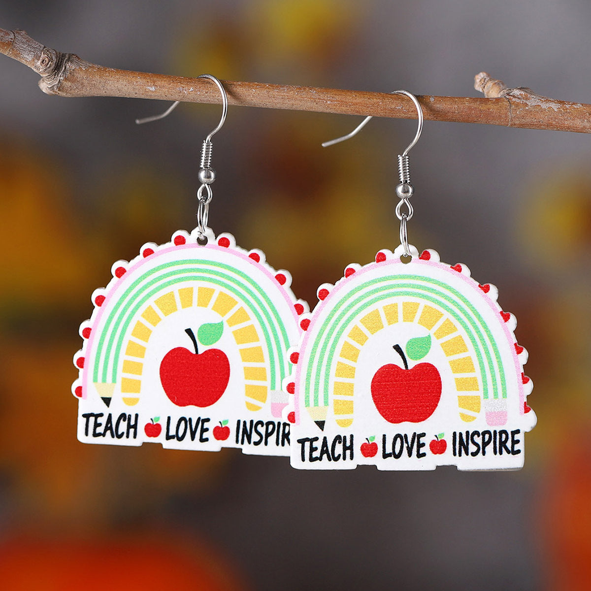 Wholesale School Season Pencil Apple Rainbow Love Ruler Pendant Earrings