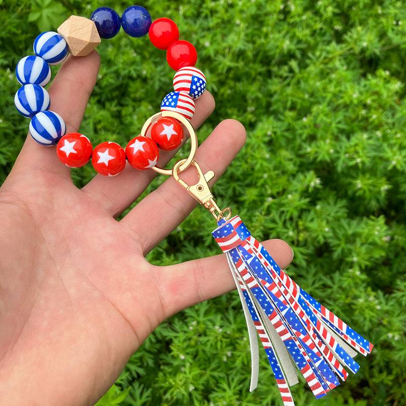 Wholesale American Independence Day Wooden Beads Tassel Wristlet Keychain ACC-KC-QiuXue013