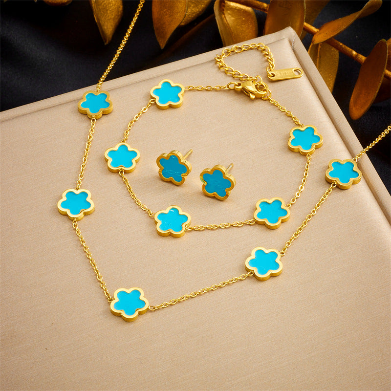 Wholesale Five Petal Flower Stainless Steel Gold Plated Earrings Bracelet Necklace Set ACCVIP-NE-QianYue001