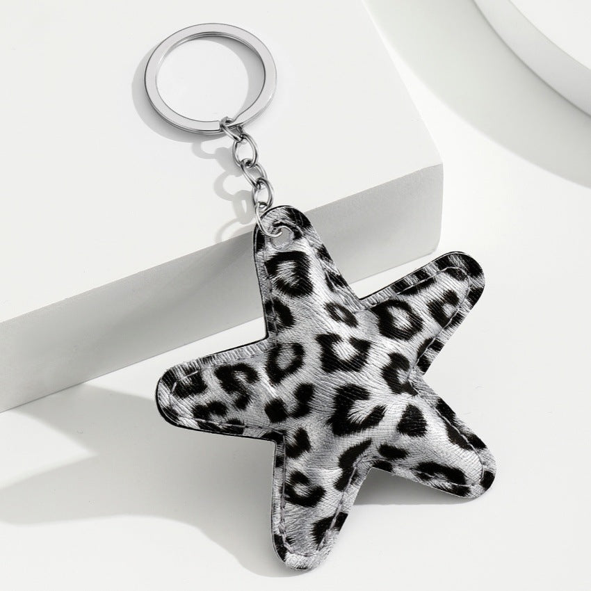 Wholesale Cross-Border Leopard Print Cotton-Filled Pu Five-Pointed Star Keychain Pendant Couple Leather Leopard Print Star Car Bag Pendant