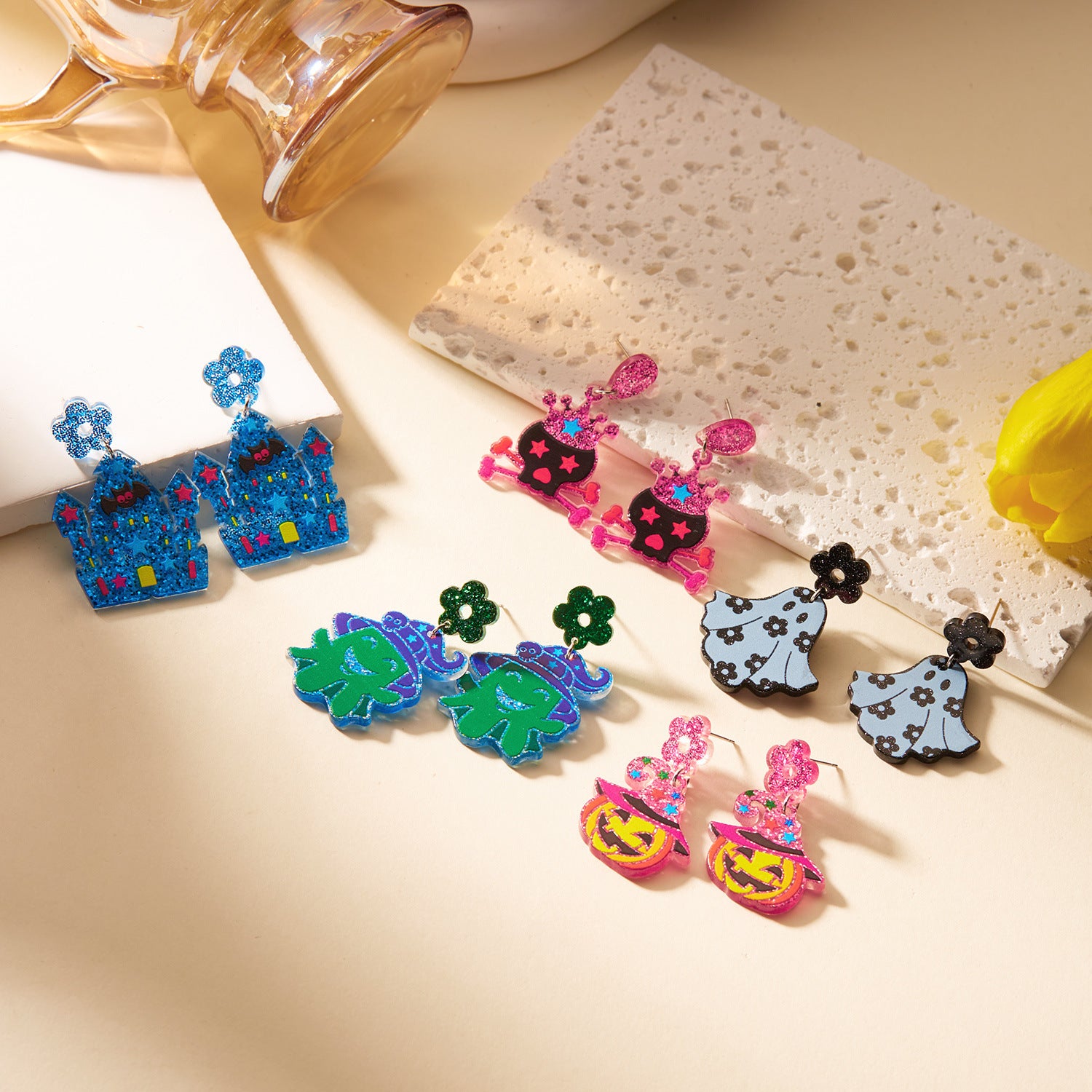 Wholesale Halloween Acrylic Plate Cartoon Castle Ghost Earrings ACC-ES-FanYou005