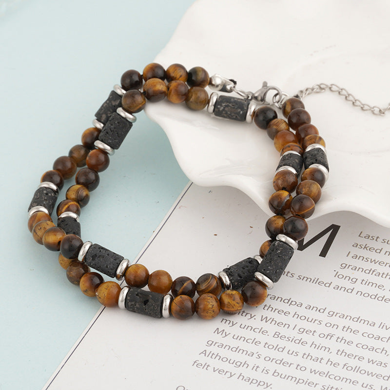 Wholesale Tiger Stone Natural Stone Men Beaded Black Agate Volcanic Stone Bracelet Necklace