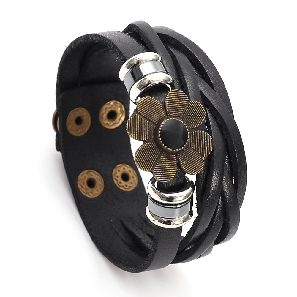 Wholesale Vintage Handwoven Leather Bracelet Unisex Floral Magnetic Clasp Fashion Accessory