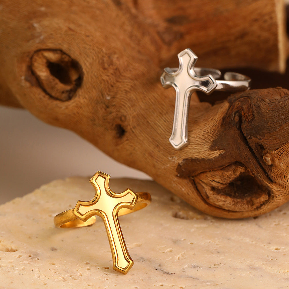 Wholesale Electroplated Stainless Steel Cross Open Ring French Vintage Style Chic Jewelry Accessory For Everyday Wear Gift