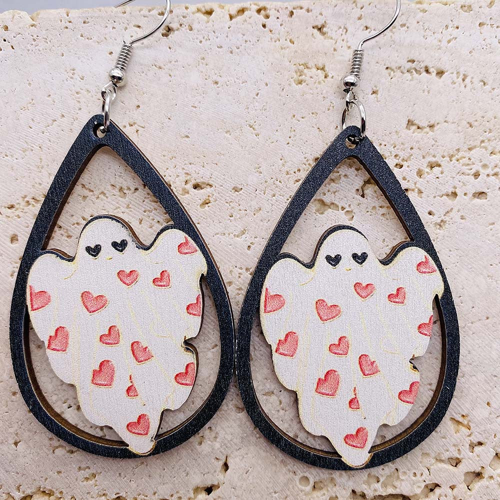 Wholesale Ghost Pumpkin Printed Pendant Earrings Halloween Wooden Earrings