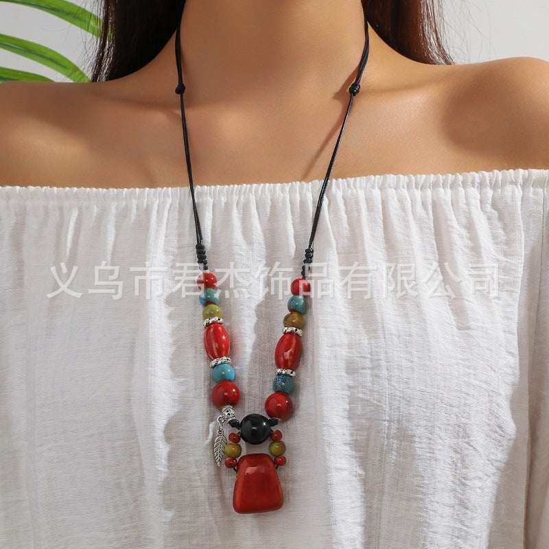 Wholesale Ethnic Style Red Pendant Ceramic Beaded Necklace ACC-NE-JunJie013