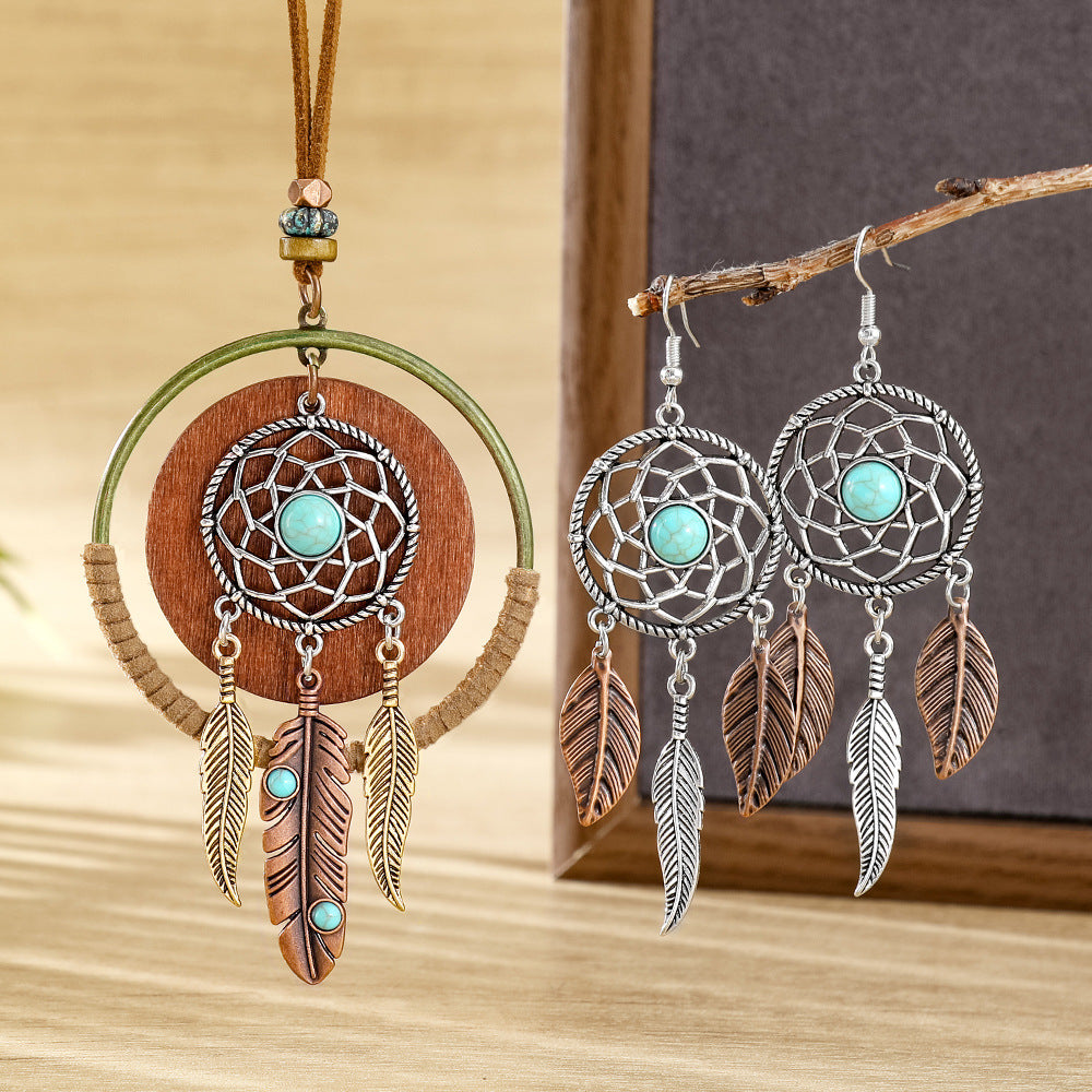 Wholesale Dream Catcher  Web Earrings and Necklace Set,  Alloy with Feather Tassel,  Ethnic Style Jewelry for Gift,  Party,  or Resale