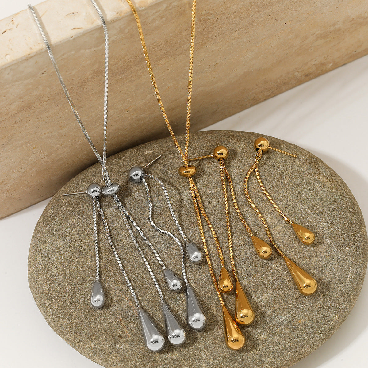 Wholesale  Stainless steel long water drop pendant necklace earrings suit