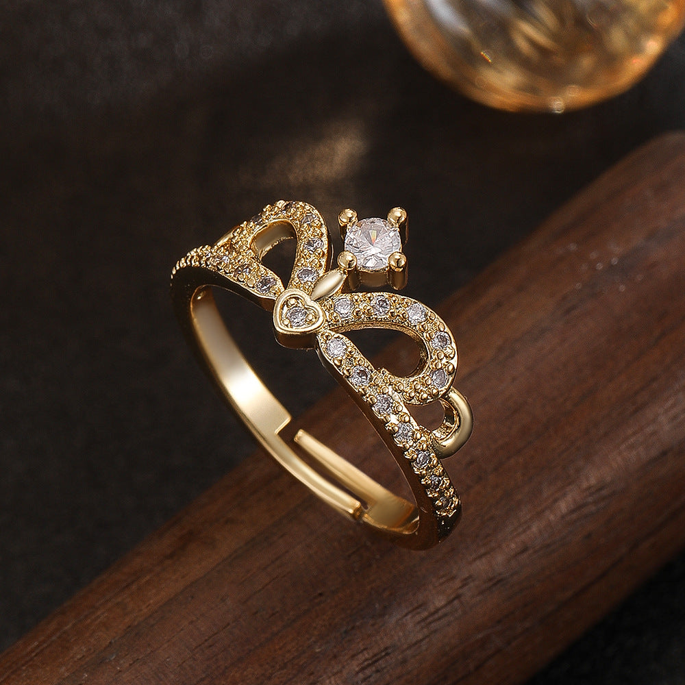 Wholesale Crown Hollowed Adjustable Open Ring Gold Copper Zircon Jewelry Accessory Couple Gift Boutique Resale