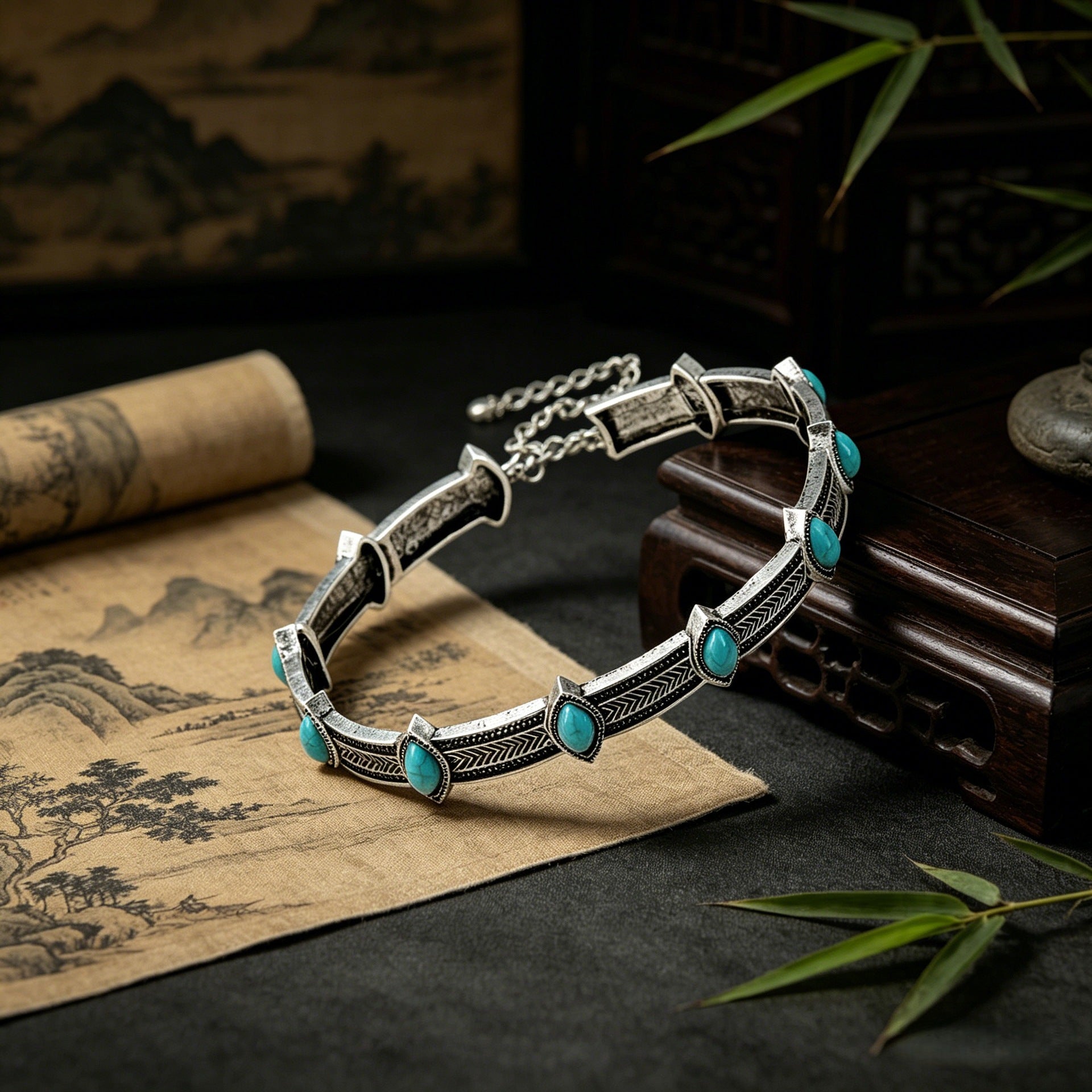 Wholesale Electroplated Alloy Turquoise Clavicle Chain Necklace Retro Ethnic Geometric Style Stylish Gift