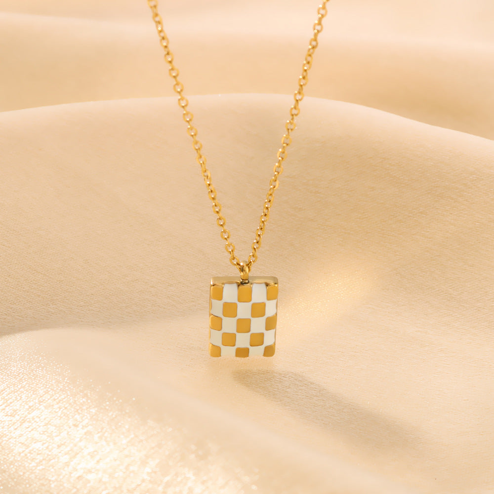 Wholesale Stainless steel Square Oil Drop Plaid Chessboard Personality Necklace