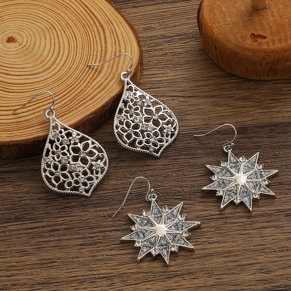 Wholesale Diamond wine glass earrings pastoral vintage leaves snowflake alloy earrings