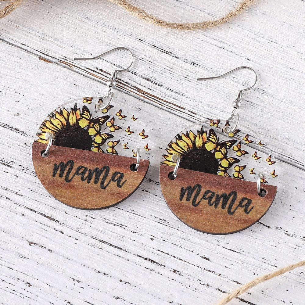 Wholesale Mother's Day MAMA Sunflower Butterfly Stitching Pendant Earrings