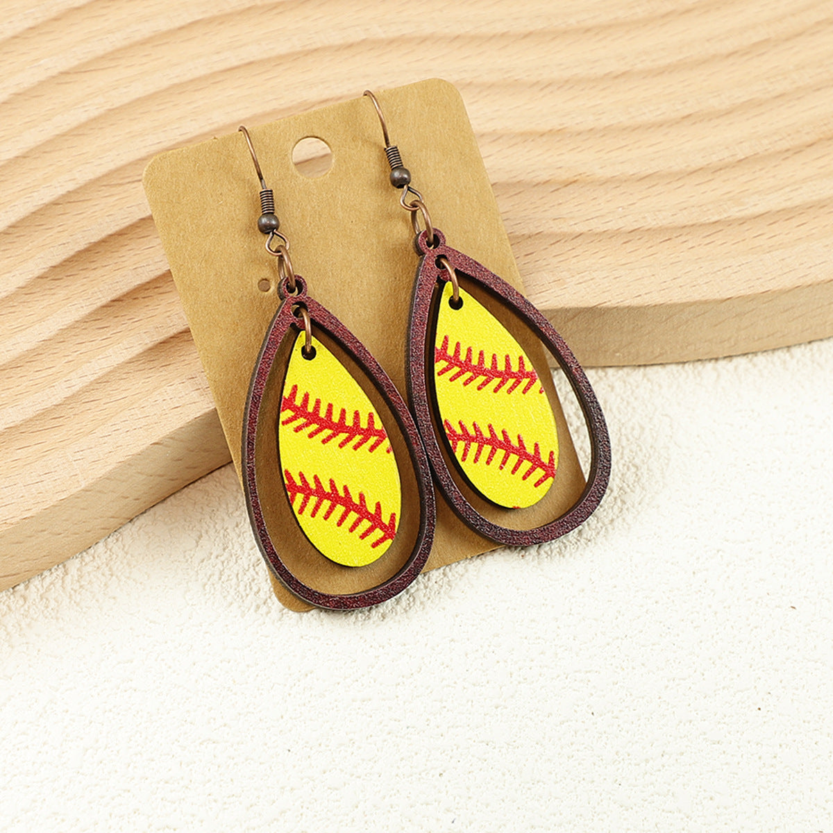 Wholesale Sports Balls Baseball Softball Bohemian Style Ethnic Style Hollow Pendant Wooden Women's Earrings