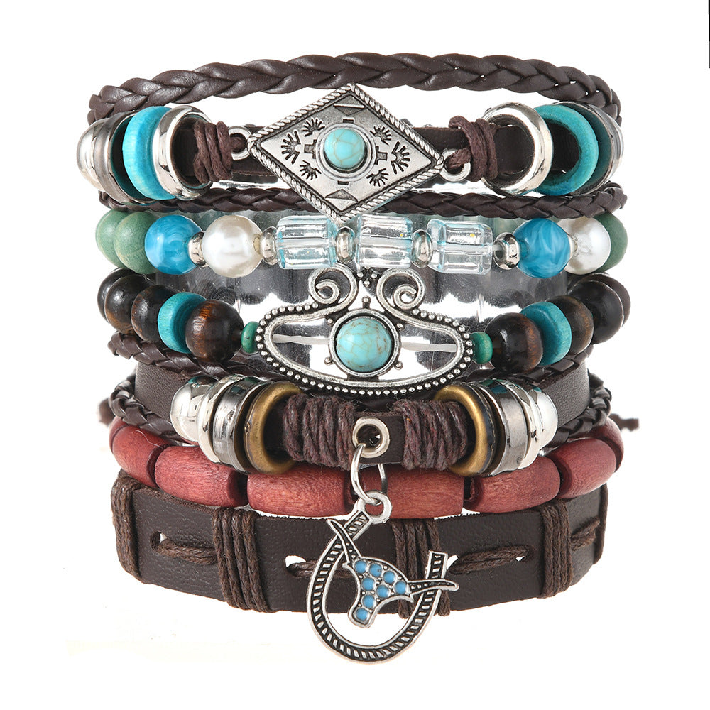 Wholesale Bohemian Style Bull Head Horseshoe Pendant Multi-Layer Leather Braided DIY Bracelet