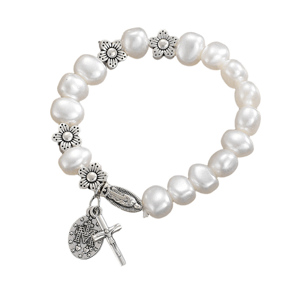 Wholesale Alloy man-made pearl beaded flower and cross Virgin Mary bracelet