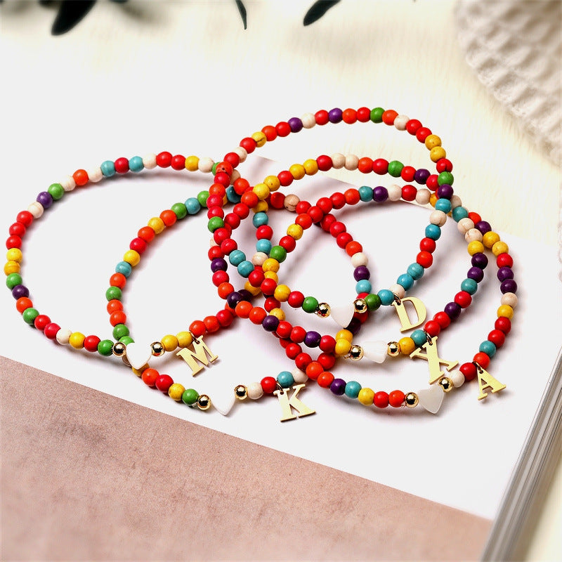 Wholesale Chic 26 Letter Heart Charm Bracelet Turquoise Rice Beads Handmade Women S Jewelry Gift
