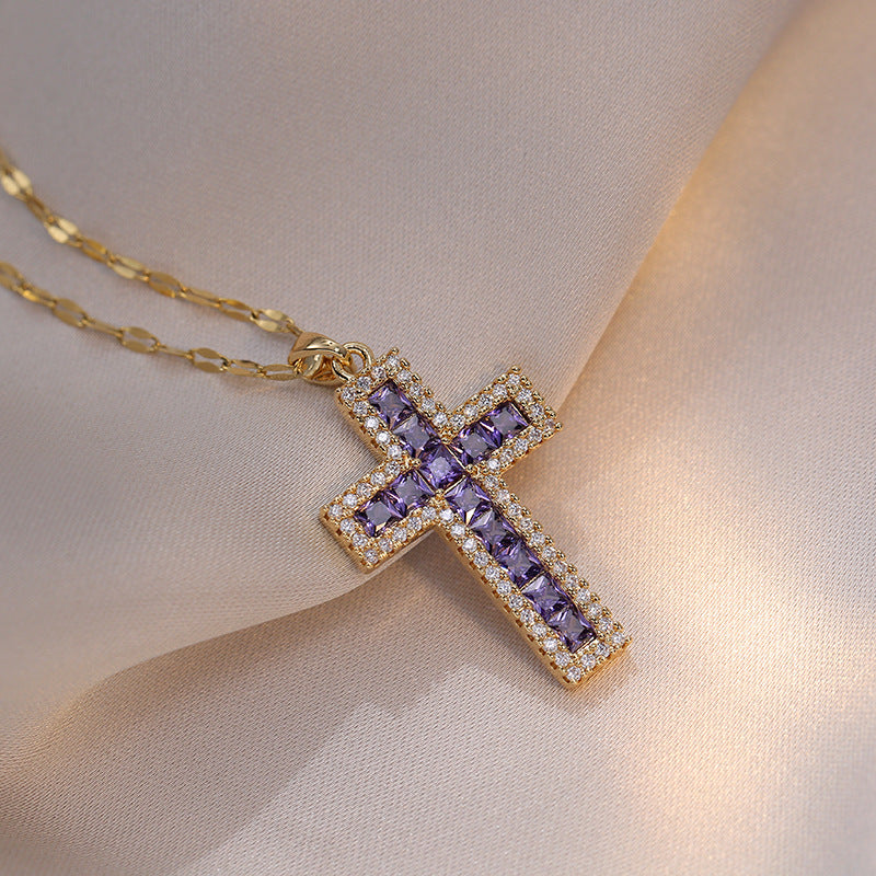 Wholesale Stylish Copper Zircon Cross Pendant Necklace Gold White Color Women S Fashion Accessory Boutique Gift