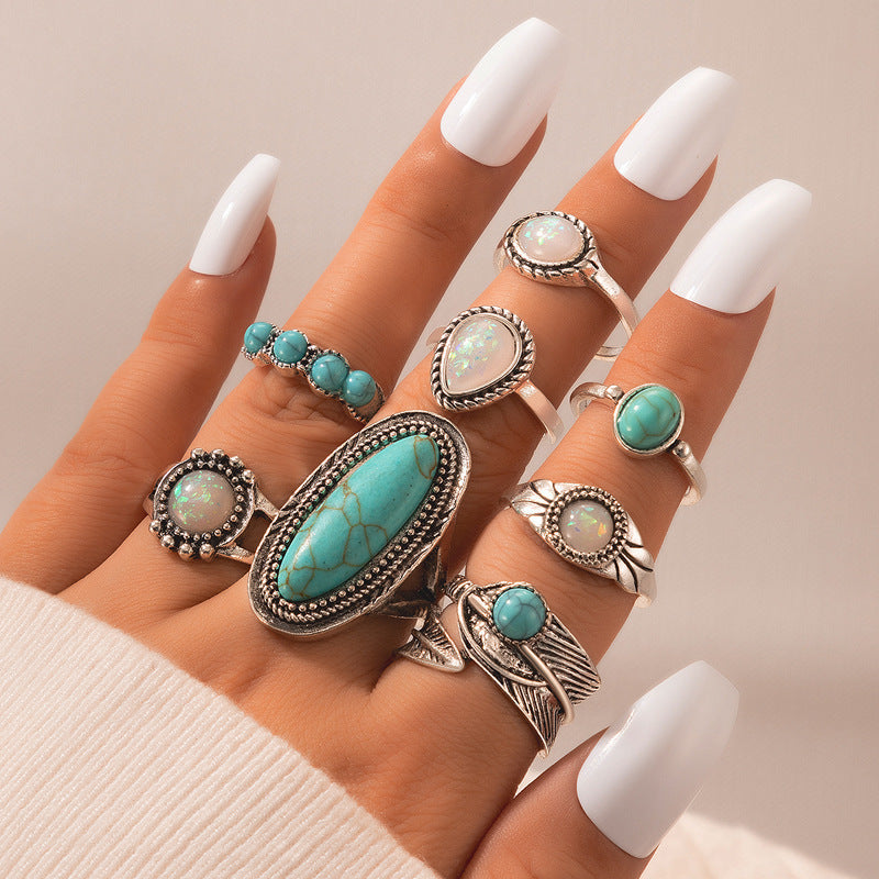 Wholesale Retro Ethnic Style Turquoise Carved Feather Ring Vintage ACC-RS-YongGe005