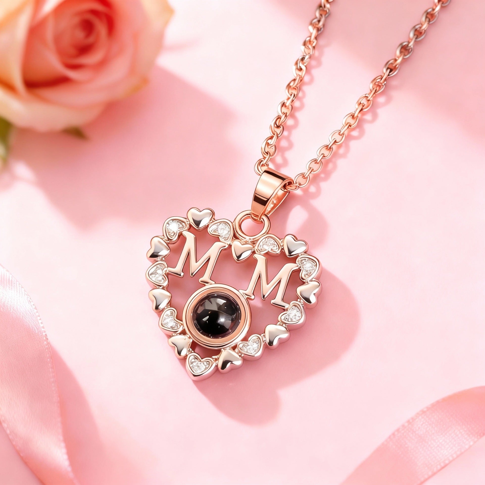 Wholesale Light Luxury Heart Shaped Projection Necklace,  100 Languages I Love You Pendant,  Real Gold Plated Titanium Steel,  Jewelry Accessory Gift for Women