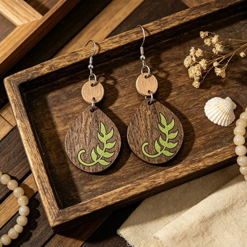 Wholesale Vintage Wooden Leaf Print Drop Earrings For Women Fashion Jewelry Accessory